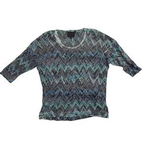 Y2K McBling Rhinestone Blouse XL Blue Sheer Chevron Pattern 3/4 Sleeve Top 2000s